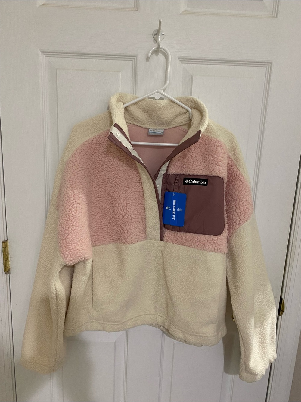 Columbia Cream & Pink Sherpa Pullover with Chest Pocket